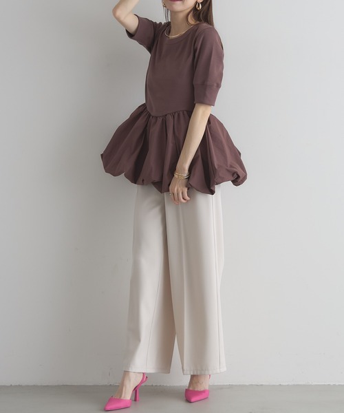 &. NOSTALGIA(アンドドットノスタルジア)の「【ZOZO限定】バルーンペプラム半袖トップス(Tシャツ/カットソー・レディース・ブラウン/オフホワイト・FREE)」の3枚目の写真