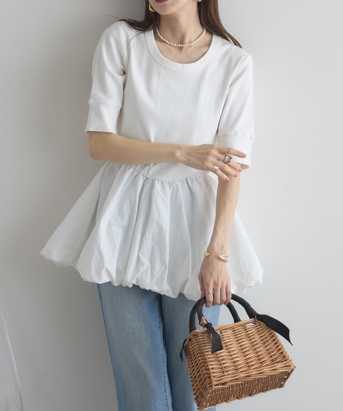 &. NOSTALGIA(アンドドットノスタルジア)の「【ZOZO限定】バルーンペプラム半袖トップス(Tシャツ/カットソー・レディース・ブラウン/オフホワイト・FREE)」の9枚目の写真