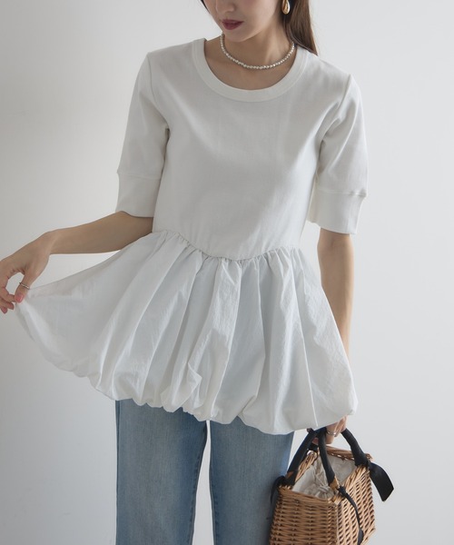 &. NOSTALGIA(アンドドットノスタルジア)の「【ZOZO限定】バルーンペプラム半袖トップス(Tシャツ/カットソー・レディース・ブラウン/オフホワイト・FREE)」の11枚目の写真