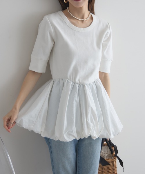 &. NOSTALGIA(アンドドットノスタルジア)の「【ZOZO限定】バルーンペプラム半袖トップス(Tシャツ/カットソー・レディース・ブラウン/オフホワイト・FREE)」の12枚目の写真