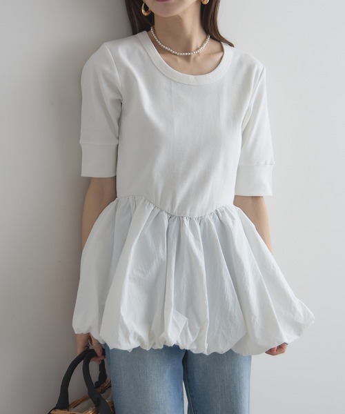 &. NOSTALGIA(アンドドットノスタルジア)の「【ZOZO限定】バルーンペプラム半袖トップス(Tシャツ/カットソー・レディース・ブラウン/オフホワイト・FREE)」の14枚目の写真