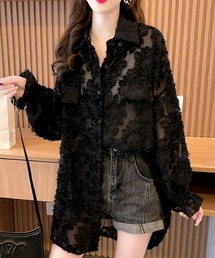 長袖フリンジシアーブラウス花柄