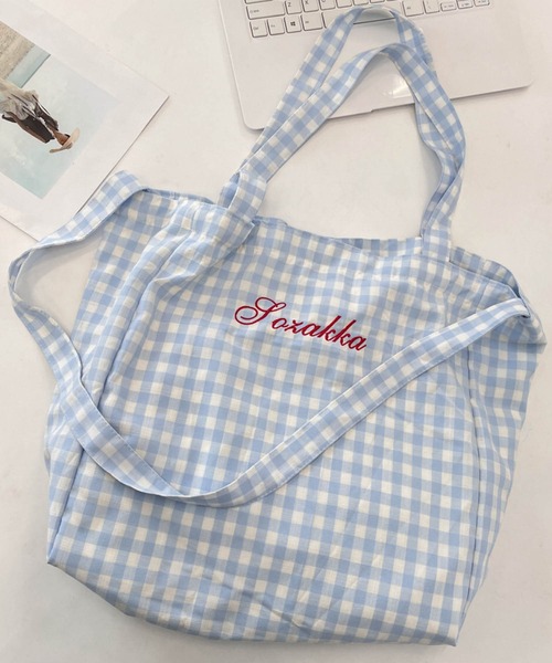 Mignonjour(ミニョンジュール)の「FReePLACe/大容量 チェック柄トートバッグ X12594(トートバッグ・レディース・ブルー/イエロー/ピンク/グリーン/パープル・FREE)」の7枚目の写真