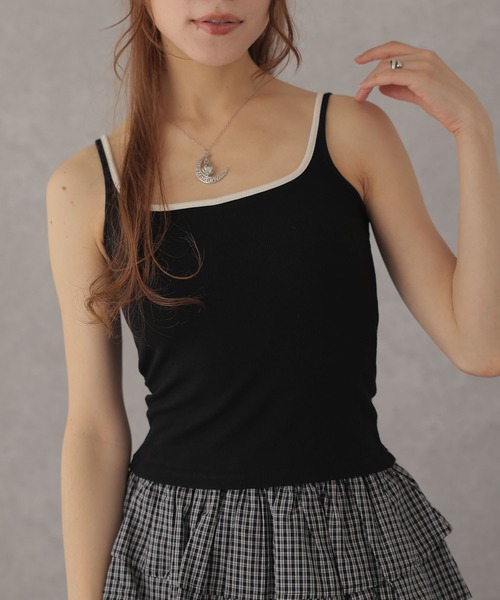 Lace Ladies(レースレディース)の「配色 フェイクレイヤード カップ付き 薄裏起毛 コンパクト キャミソール(キャミソール・レディース・グレー/ブラウン/アイボリー/ブラック・FREE)」の1枚目の写真