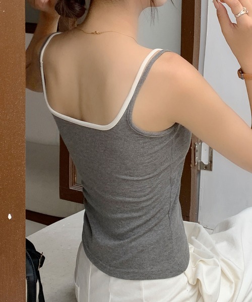 Lace Ladies(レースレディース)の「配色 フェイクレイヤード カップ付き 薄裏起毛 コンパクト キャミソール(キャミソール・レディース・グレー/ブラウン/アイボリー/ブラック・FREE)」の8枚目の写真