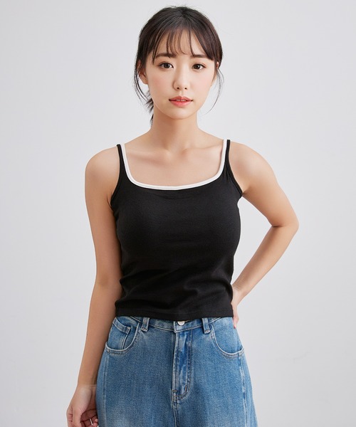 Lace Ladies(レースレディース)の「配色 フェイクレイヤード カップ付き 薄裏起毛 コンパクト キャミソール(キャミソール・レディース・グレー/ブラウン/アイボリー/ブラック・FREE)」の11枚目の写真
