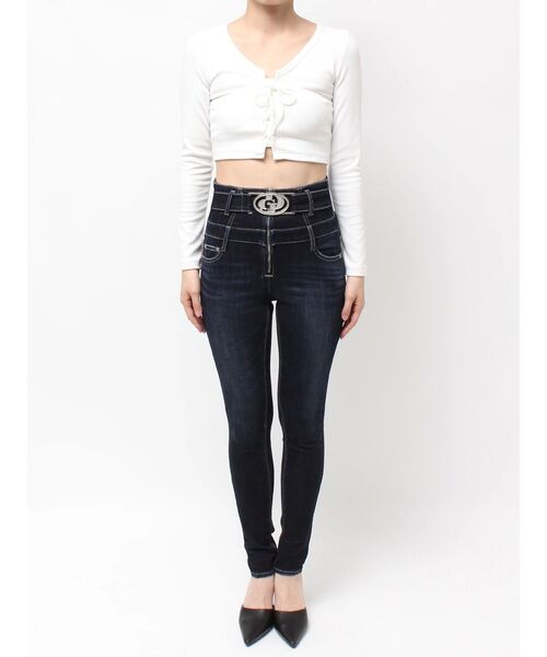 ハイウエスト GD bijou MOLDフロントZIPスキニーデニムパンツ（デニム