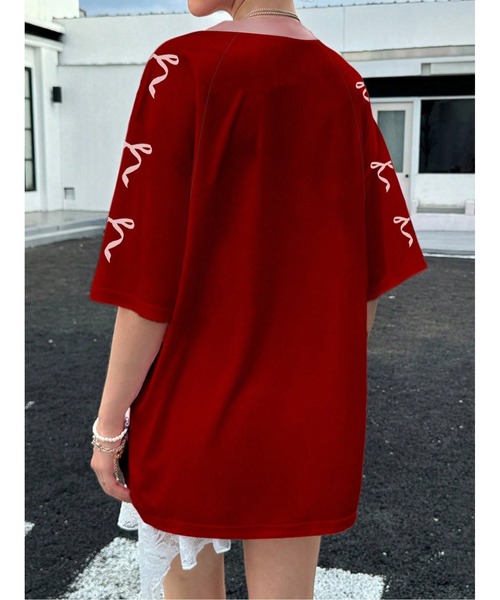 Ritzy(リッツィー)の「Y2K 運動型 オーバーサイズ リボンプリント トップス(Tシャツ/カットソー・レディース・レッド/ブラック/ピンク・M/L)」の10枚目の写真