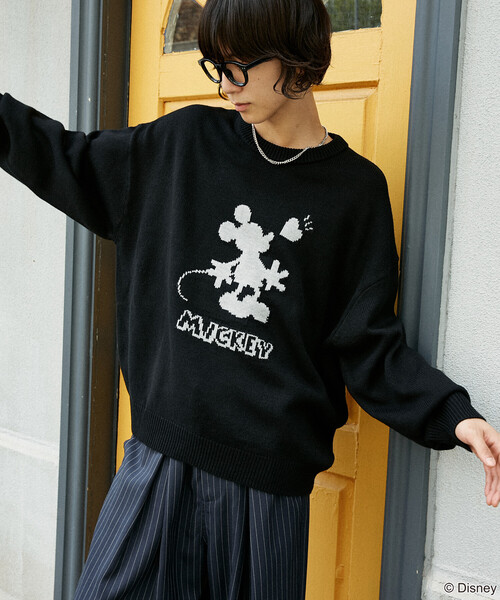 PUBLUX（パブリュクス）の「別注 ”DISNEY MICKEY MOUSE" SHADOW KNIT/"ディズニー ミッキーマウス"ジャガードニット (限定展開)（ニット/セーター・メンズ・ネイビー/ブラウン/ブラック・S/M/L）」の6枚目の写真