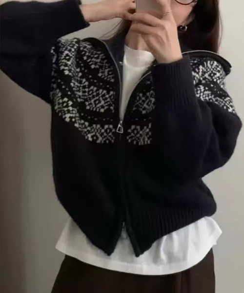SallyLunn(サリーラン)の「ノルディック柄ジップニット(ニット/セーター・レディース・グレー/ブラック/ホワイト/レッド・FREE)」の6枚目の写真
