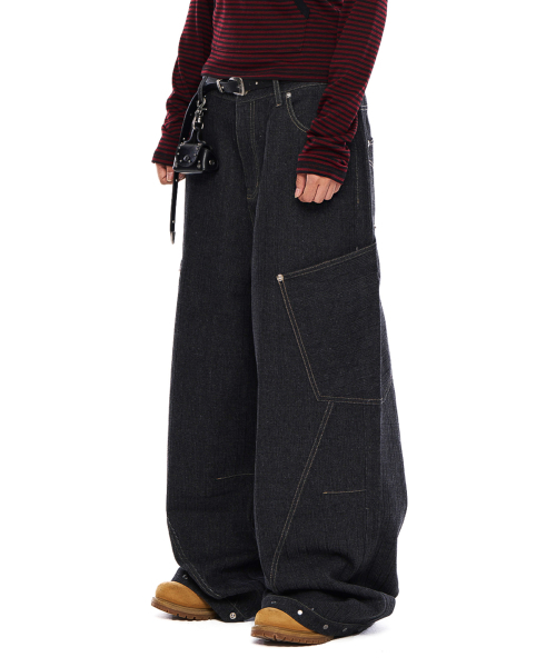 Ankle Studded Denim Pants (Black)（デニムパンツ）｜AAKAM（アーカム