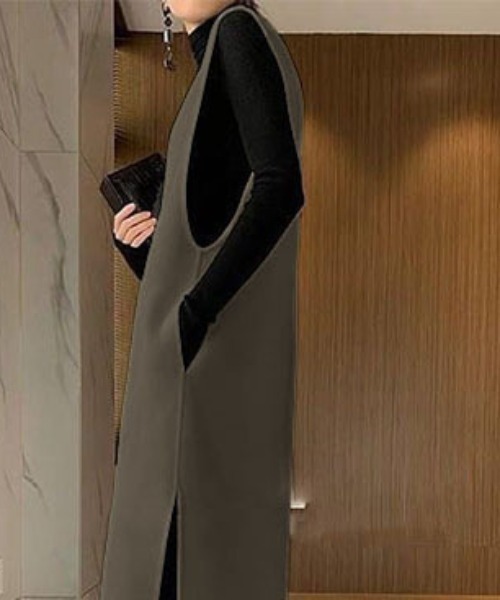 deux amour（ドゥーザムール）の「サイドスリット深Vジャンバースカート（ジャンパースカート・レディース・ブラック/ブラウン/アイボリー・FREE）」の7枚目の写真