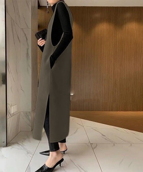 deux amour（ドゥーザムール）の「サイドスリット深Vジャンバースカート（ジャンパースカート・レディース・ブラック/ブラウン/アイボリー・FREE）」の8枚目の写真