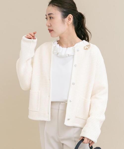 URBAN RESEARCH ROSSO WOMEN（アーバンリサーチ　ロッソ）の「『WEB/一部店舗限定』ツイードノーカラーニットジャケット（ノーカラージャケット・レディース・ネイビー/オフホワイト・FREE）」の2枚目の写真