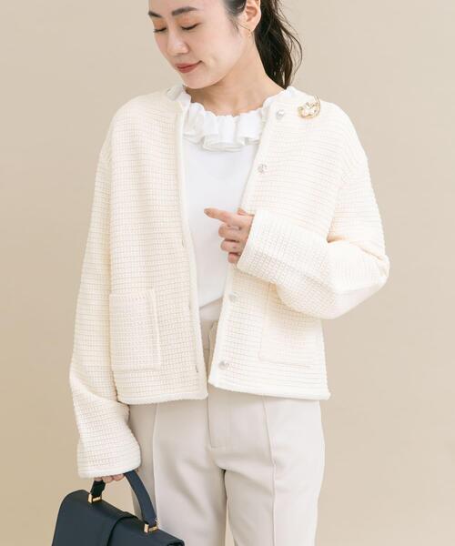 URBAN RESEARCH ROSSO WOMEN（アーバンリサーチ　ロッソ）の「『WEB/一部店舗限定』ツイードノーカラーニットジャケット（ノーカラージャケット・レディース・ネイビー/オフホワイト・FREE）」の3枚目の写真