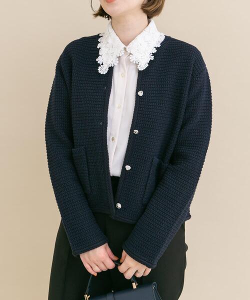 URBAN RESEARCH ROSSO WOMEN（アーバンリサーチ　ロッソ）の「『WEB/一部店舗限定』ツイードノーカラーニットジャケット（ノーカラージャケット・レディース・ネイビー/オフホワイト・FREE）」の14枚目の写真