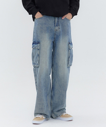 ACSHI（アクシ）の「カーゴウォッシュドバルーンフィットワイドデニムパンツユニセックス（ブルー/ブラック）（デニムパンツ）」