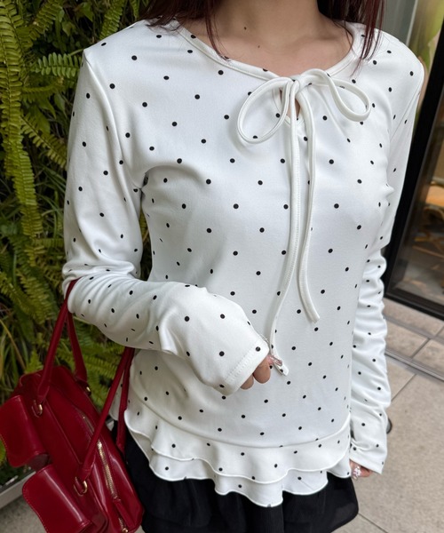 Nia(ニア)の「Nia(ニア)/リボン付きドット柄フリルトップス(Tシャツ/カットソー・レディース・グレー/ホワイト・MEDIUM/SMALL)」の8枚目の写真