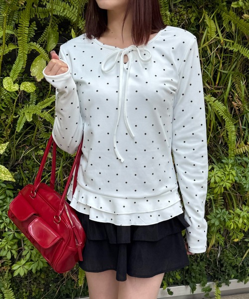 Nia(ニア)の「Nia(ニア)/リボン付きドット柄フリルトップス(Tシャツ/カットソー・レディース・グレー/ホワイト・MEDIUM/SMALL)」の12枚目の写真