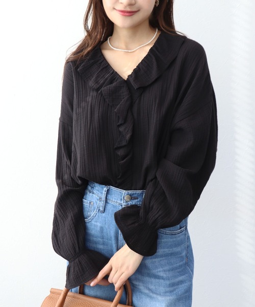 Jines（ジネス）の「ダブルガーゼフリルブラウス（シャツ/ブラウス・レディース・ホワイト/ブラック・38）」の2枚目の写真