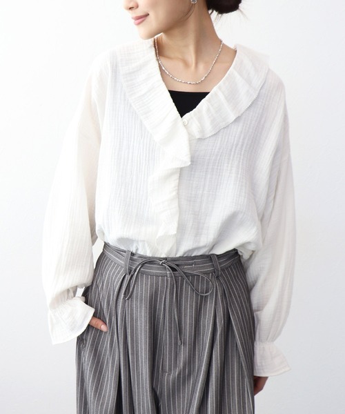 Jines（ジネス）の「ダブルガーゼフリルブラウス（シャツ/ブラウス・レディース・ホワイト/ブラック・38）」の8枚目の写真