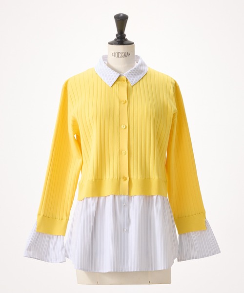 STRAWBERRY-FIELDS（ストロベリーフィールズ）の「アデルポリー_シャツレイヤード風ニットカーディガン（カーディガン/ボレロ・レディース・イエロー/オフホワイト・2）」の4枚目の写真