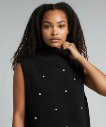 Snow Pearl Stud High-Neck Knit Vest (Black)