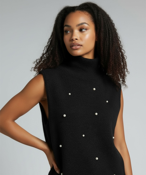 BORN SLIPPY(ボーンスリッピー)の「Snow Pearl Stud High-Neck Knit Vest (Black)(ベスト・レディース・その他・FREE)」の2枚目の写真