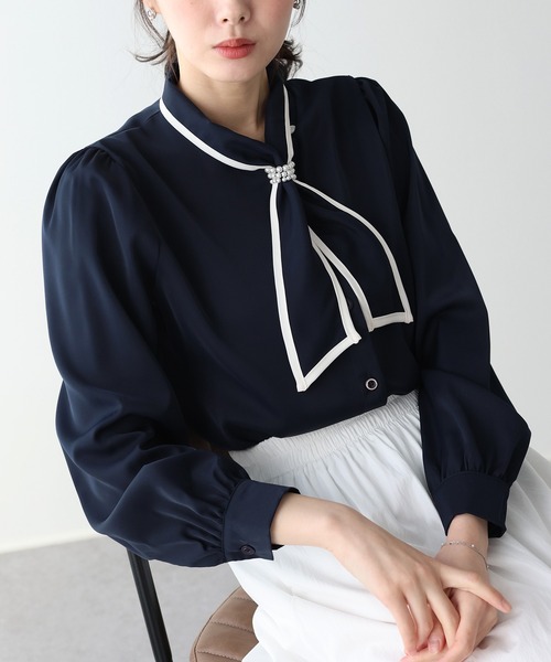 BLUEEAST（ブルーイースト）の「パールバイカラーボウタイブラウス（シャツ/ブラウス・レディース・ミント/ネイビー/オフホワイト・MEDIUM/LARGE）」の15枚目の写真