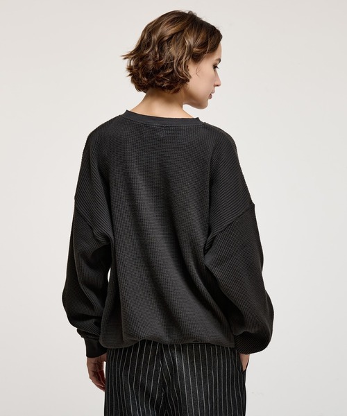 YENN イエン HENRY NECK LONG TEE ブラック HENRY NECK PIGMENT WAFFLE LONG TEE / ヘンリーネックピグメント