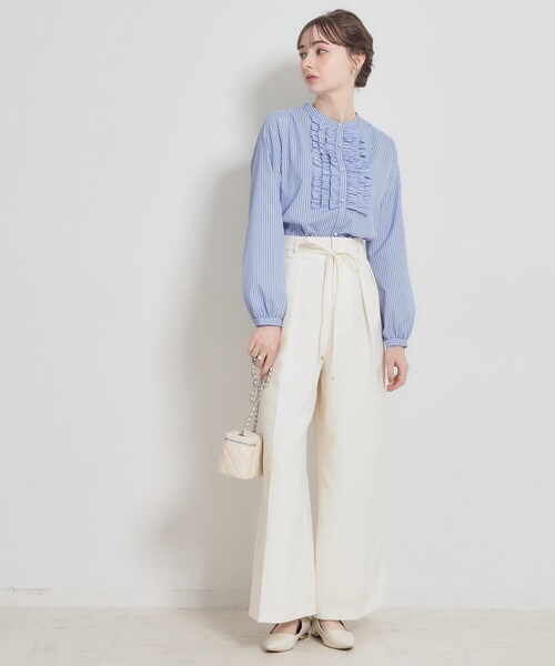 couture brooch（クチュールブローチ）の「【通勤・着映え】ストライプ フリルブラウス（シャツ/ブラウス・レディース・ブルー系2/ネイビー系2・36/38/40/42）」の3枚目の写真