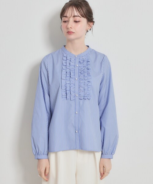 couture brooch（クチュールブローチ）の「【通勤・着映え】ストライプ フリルブラウス（シャツ/ブラウス・レディース・ブルー系2/ネイビー系2・36/38/40/42）」の17枚目の写真