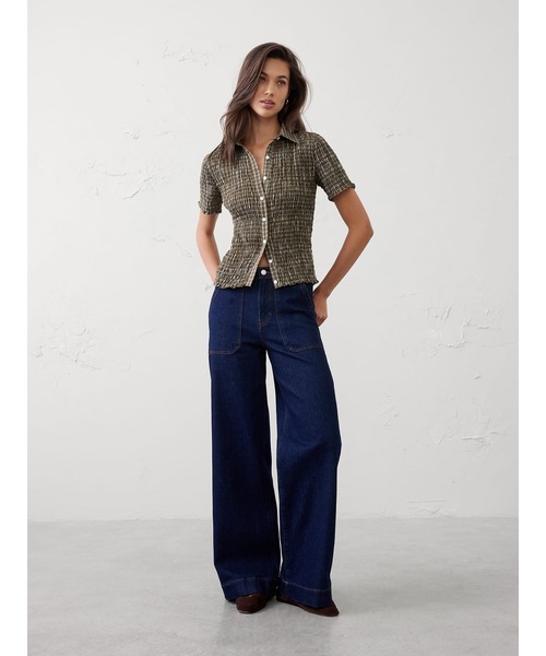 BANANA REPUBLIC FACTORY STORE(バナナリパブリック ファクトリーストア)の「BANANA REPUBLIC FACTORY STORE シアサッカー スモッキング シャツ(シャツ/ブラウス・レディース・グリーン/ホワイト×ブラック・XS/S/M/L)」の5枚目の写真