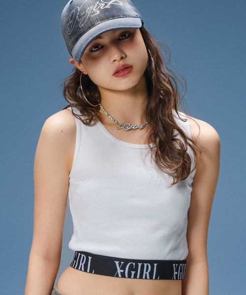 X-girl(エックスガール)の「LOGO JACQUARD HEM TANK TOP(タンクトップ・レディース・ブラック/ホワイト/ピンク・S/M)」の1枚目の写真
