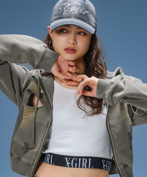 X-girl(エックスガール)の「LOGO JACQUARD HEM TANK TOP(タンクトップ・レディース・ブラック/ホワイト/ピンク・S/M)」の4枚目の写真