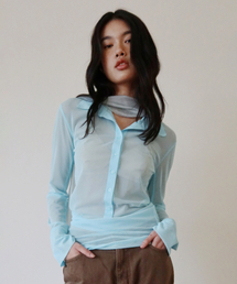 m.m.m（ムー）の「シースルーカラーTシャツ_スカイブルー（ポロシャツ）」