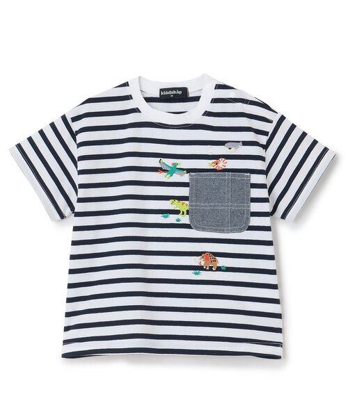 kladskap(クレードスコープ)の「太古の生きものボーダー半袖Tシャツ(Tシャツ/カットソー・キッズ・オフホワイト/ブルー/グレー・120cm/90cm/110cm/100cm/130cm)」の2枚目の写真