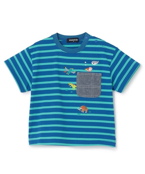 kladskap(クレードスコープ)の「太古の生きものボーダー半袖Tシャツ(Tシャツ/カットソー・キッズ・オフホワイト/ブルー/グレー・120cm/90cm/110cm/100cm/130cm)」の1枚目の写真