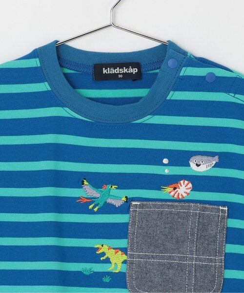 kladskap(クレードスコープ)の「太古の生きものボーダー半袖Tシャツ(Tシャツ/カットソー・キッズ・オフホワイト/ブルー/グレー・120cm/90cm/110cm/100cm/130cm)」の5枚目の写真