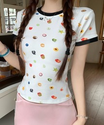 フードモチーフ総柄リンガーTシャツ