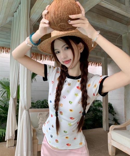 GEMEDA(ジェメダ)の「フードモチーフ総柄リンガーTシャツ(Tシャツ/カットソー・レディース・ホワイト/ホワイト系その他・M)」の22枚目の写真