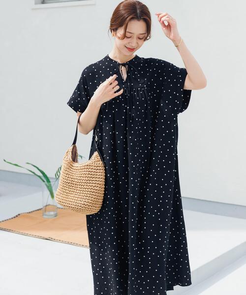 URBAN RESEARCH DOORS(アーバンリサーチドアーズ)の「リネンリヨセルドットワンピース(ワンピース・レディース・ナチュラル/ブラック・FREE)」の1枚目の写真