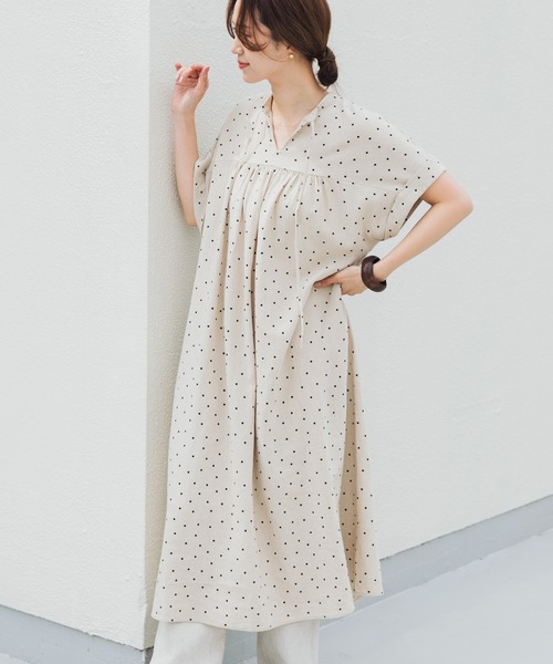 URBAN RESEARCH DOORS(アーバンリサーチドアーズ)の「リネンリヨセルドットワンピース(ワンピース・レディース・ナチュラル/ブラック・FREE)」の1枚目の写真