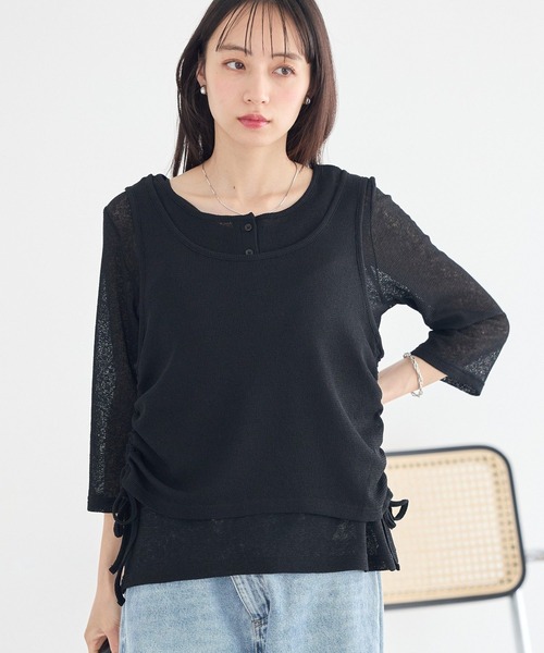 earth music&ecology(アースミュージックアンドエコロジー)の「SET2点ギャザータンク+ヘンリーネックプルオーバー(Tシャツ/カットソー・レディース・アイボリー/ブラック/ライトブルー・FREE)」の3枚目の写真