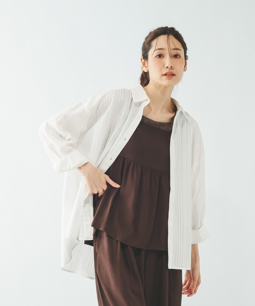 GLOBAL WORK(グローバルワーク)の「カラミストライプシャツ長袖/660972(シャツ/ブラウス・レディース・チャコールグレー/オフホワイト/ライトグリーン・LARGE/MEDIUM)」の2枚目の写真