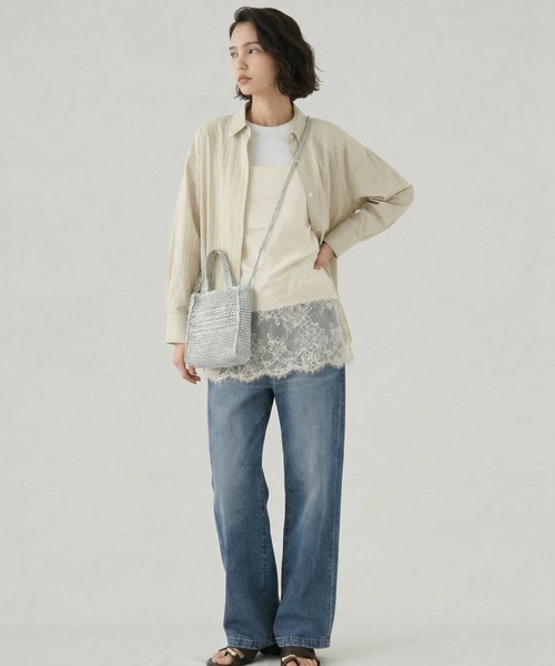 GLOBAL WORK（グローバルワーク）の「カラミストライプシャツ長袖/660972（シャツ/ブラウス・レディース・チャコールグレー/オフホワイト/ライトグリーン・LARGE/MEDIUM）」の22枚目の写真