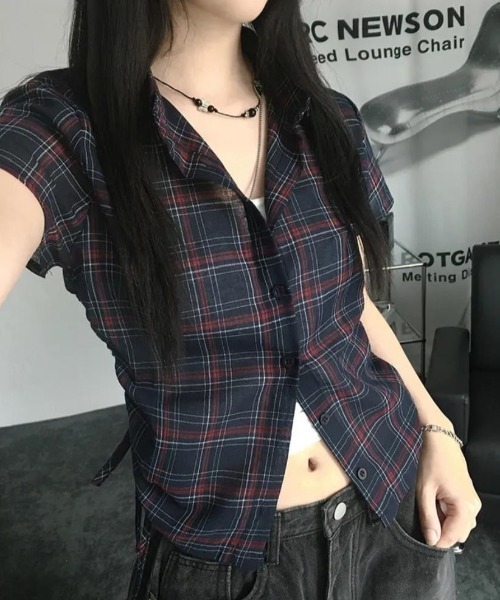 FREE STYLISTS（フリー スタイリスト）の「YUGA_YGMC　　Korean-style  Checked drawstring shirt blouse（シャツ/ブラウス・レディース・ホワイト・FREE）」の5枚目の写真