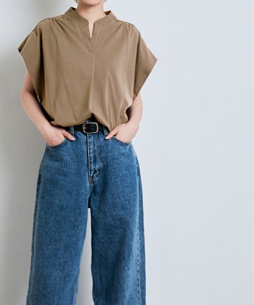 W:Huku(フーク)の「キーネック フレンチスリーブ カット Tシャツ(Tシャツ/カットソー・レディース・チャコール/ライトブラウン・FREE)」の8枚目の写真
