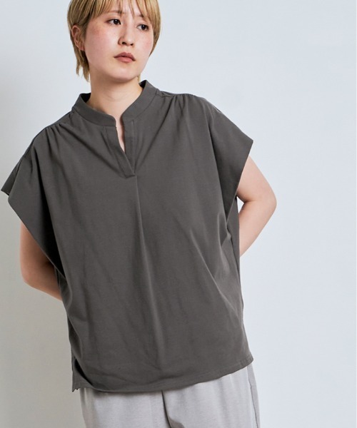 W:Huku(フーク)の「キーネック フレンチスリーブ カット Tシャツ(Tシャツ/カットソー・レディース・チャコール/ライトブラウン・FREE)」の7枚目の写真