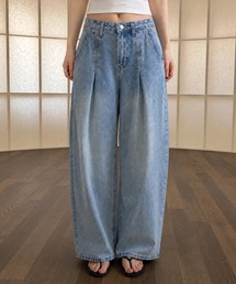 【低身長 / 高身長用 サイズが選べるカラーパンツ】【 3color / 3size 】【ユニセックスデニム】ユニークフロントタックワイドデニムパンツ
